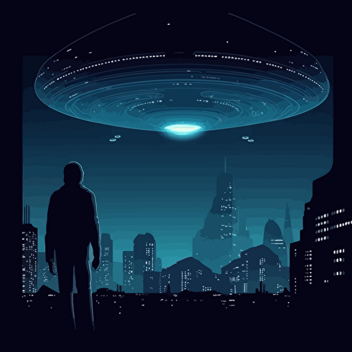 Alien Mothership, Big Blue Beam, abducting a person, at night, Vector Style