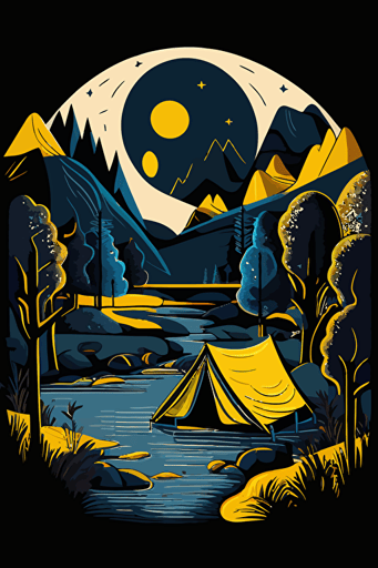 camping in the wilderness next to river, simple geometrical shapes, blue, yellow and white colors, pop art deco illustration, hand vector art, black background,