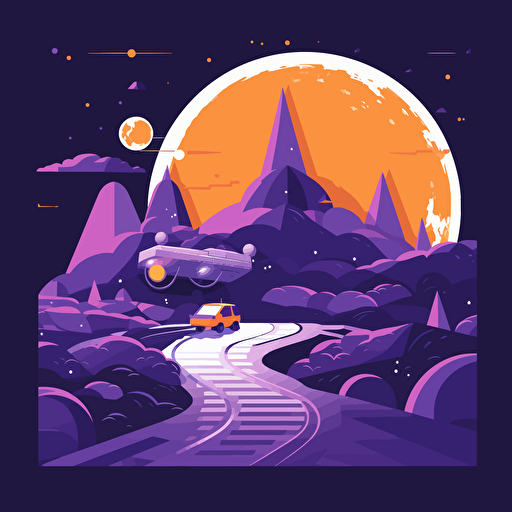 spaceship landing on moon, 2D, vector, flat art, fedex purple and orange