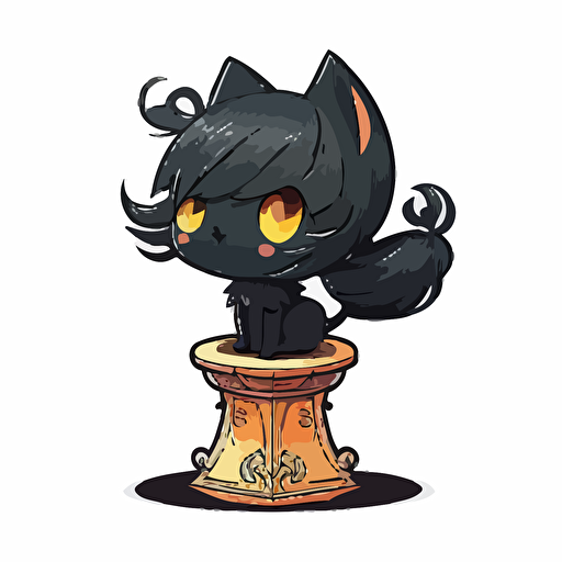 chibi style, hand drawn cartoon, black, cute female cat sitting on a pedestal, white background, vector, High definition