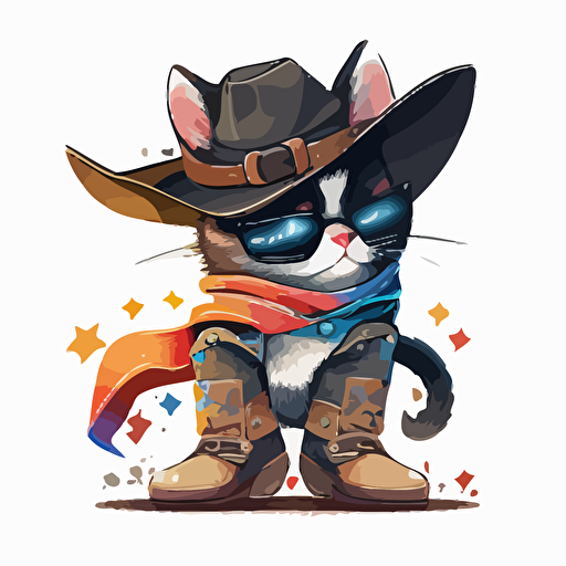 a very cute baby cat wearing very big sunglasses dressed up as el zorro, wearing cute boots, as a cartoon type, as a vector, white background, bright graffiti colors