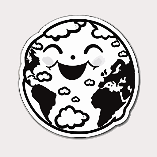 kawaii diecut sticker, the earth [happy face] retro cartoon 1950 [black and white] vector, white background, digital art