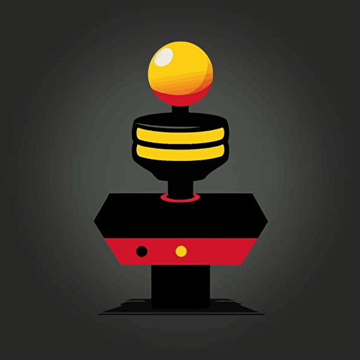 Create a minimalist and cool 8-bit arcade joystick illustration using negative space. The design should be flat and utilize black, yellow, and red colors. The joystick should be recognizable and angled slightly, with a red button on the top and a black device on the back. The illustration should be simple but have enough detail for viewers to recognize the device. The design should be created in a vector format for scalability and should be suitable for use in various applications such as logos, branding materials, and promotional items.