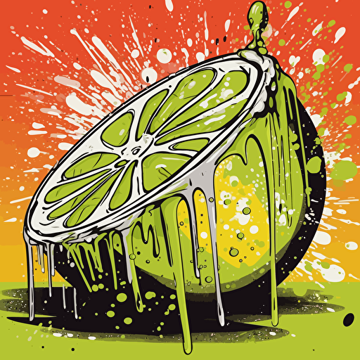 simple painting of a delicious lime, melting away into the scene, simple form background, leave a lot of negative space, liquid, vector, desaturated colour drips, graffiti, artificial, highres