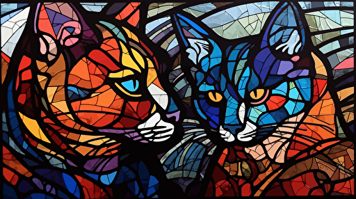 stained glass collage, cats, vector, minimal, black copic marker pen