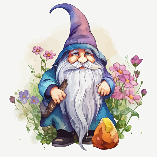 cute wizard, flowers, detailed, cartoon style, 2d watercolor clipart vector, creative and imaginative, hd, white background