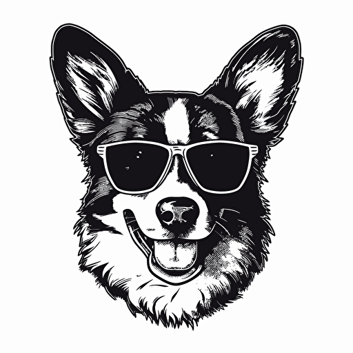 a black and white logo of a corgi wearing sunglasses. high resolution vector image