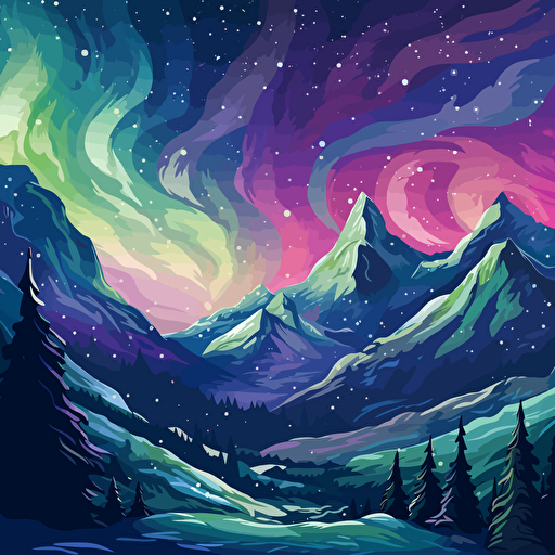 snowy mountains, aurora borealis, vector v5 ar 16:9