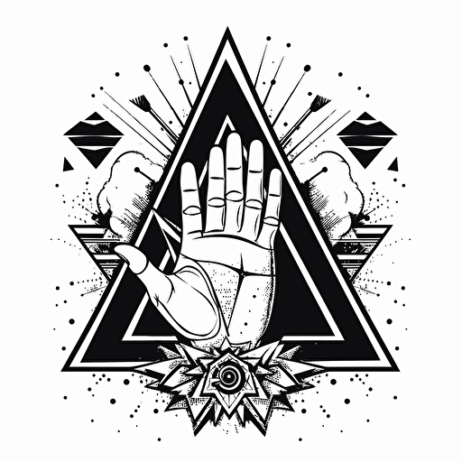 a black and white vector on a solid white background with strong contrast, triangle hands in the middle of geoetric boarder, simple, cosmic crop