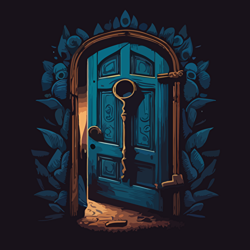illustration of a door with a big keyhole and a key close to it. Vector. Moody