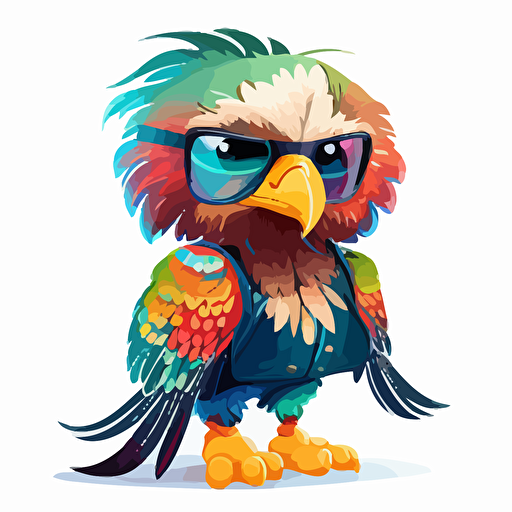 a very cute baby eagle wearing very big sunglasses dressed up as a marine , as a cartoon type, as a vector, white background, bright graffiti colors