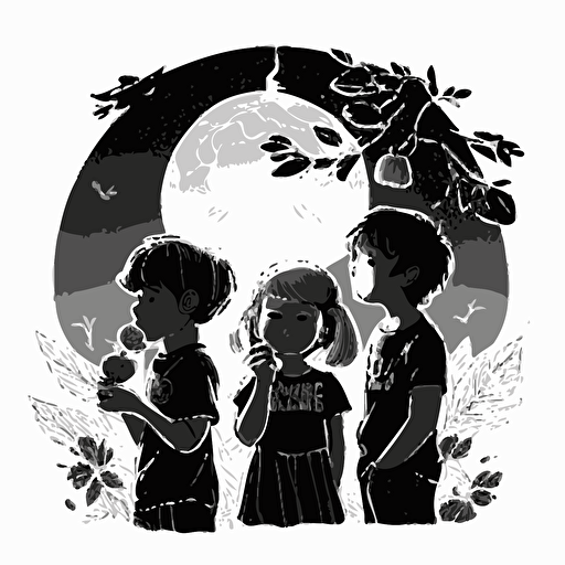 black and white vector illustration of two boys and one girl eating magical fruits