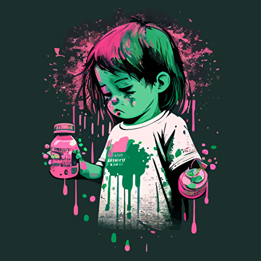 vector,splashy,pink,green,face,kid,holding pills bottles in hands,depressed,sad,crying