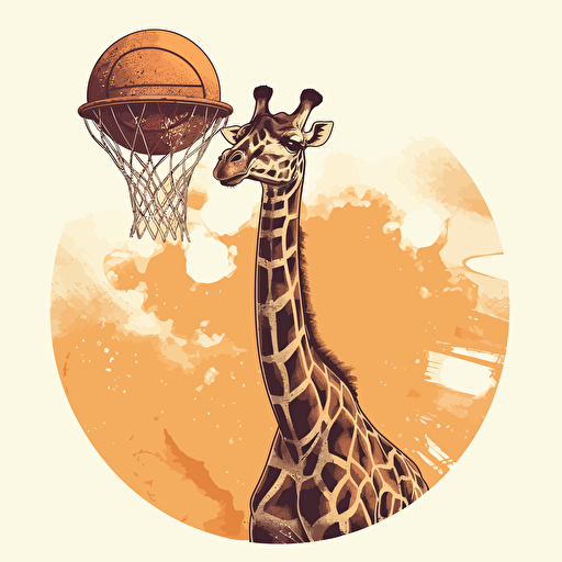A vector of a giraffe playing basketball, gracefully dunking the ball into the hoop with its long neck.