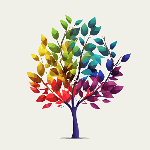 Vector tree, 5 branches, each leave has a different color, leave colors green blue red purple yellow, flat, 2d, white background, minimalistic design,