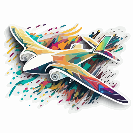 sticker, colorful fixed wing drone flying, contour, vector, white background