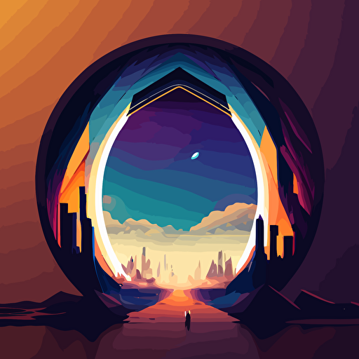 Dreamy vector art of a portal leading to a futuristic city