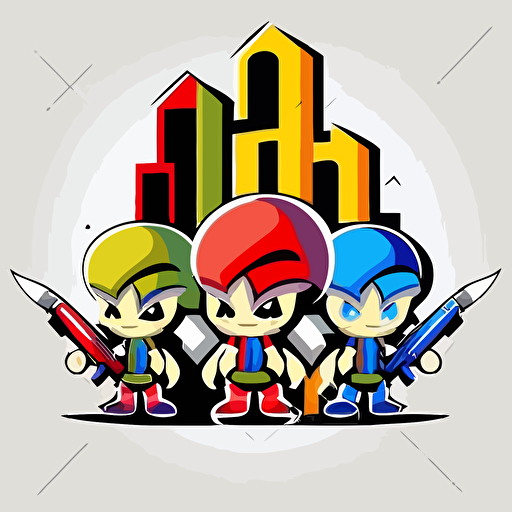 armed colorful pixies in the bad part of the city, vector logo, vector art, emblem, simple cartoon, 2d, no text, white background