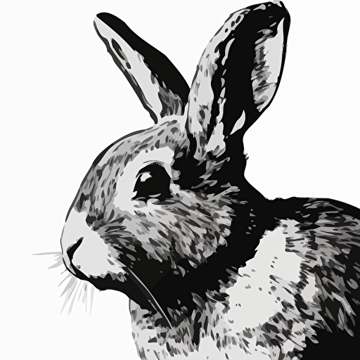 close up of expressive rabbit chewing, in style of charles williams, black and white, flat, vector, line drawling, white background ar 1:1
