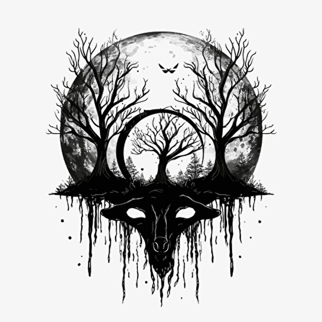 flat vector, occult, logo, black and white, ink style, cresent black moon, black stylized moon, eye, goat eye, moon, tree black tears, with the word: volva