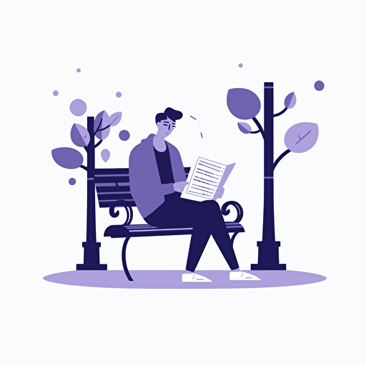 A young man sitting on a bench reading a book. Artsy flat vector illustration, light purples, white background
