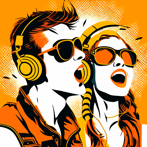 Vector Popart, Closeup of a male and female DJ happily singing, Goggles, yellow orange lights, white background