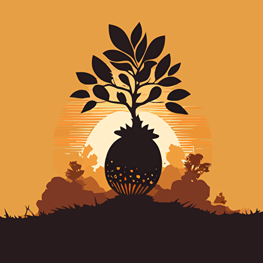 A one color vector image of a sunrise with an acorn silhouette in the foreground, representing the idea of new beginnings and growth