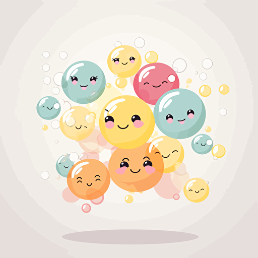 Kawaii bubbles falling flat, 2D, vector, 16 colors, white background, in anime chibi style