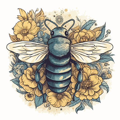 a beautiful honey bee with a surrounding floral design in detailed drawing style + simple vector + bright colors on a white background