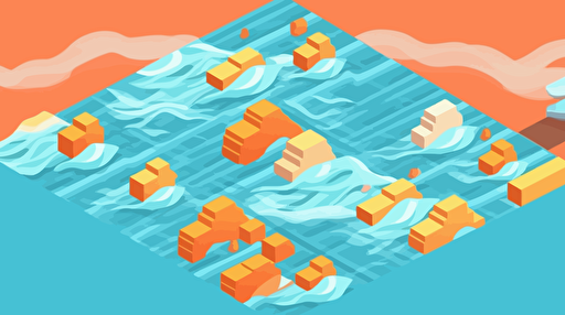knolling isometric vector of ocean waves, firewatch style, close-up, on a light blue to orange gradient background
