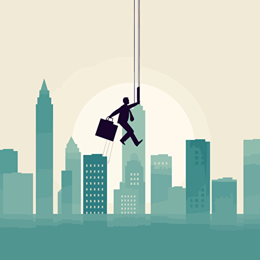 a city scape with an office worker wearing a suit and clearly holding a large briefcase, swinging between building holding onto a rope