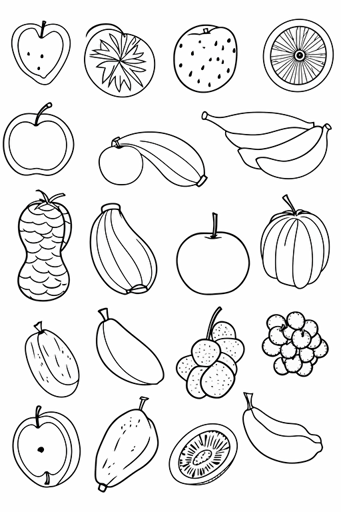 colouring book for kids, various fruits separated by space, cartoon style, vector, little detail, no shadow, black and white, white background