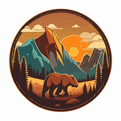 A coin emblem with a Bear Standing:: background of mountains, color, vector, ar 5:3, c 100