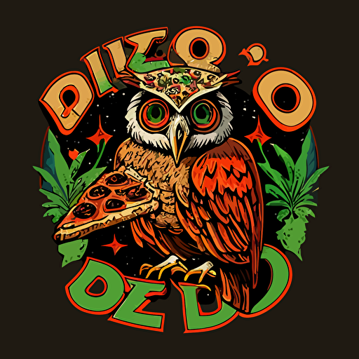 vector logo of owl smoking weed on 420 with pizza background for apparel