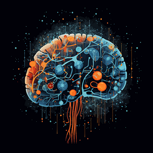 A picture of a brain that symbolize creativity, expertise, Vector Syle, dark background, blue, white, orange