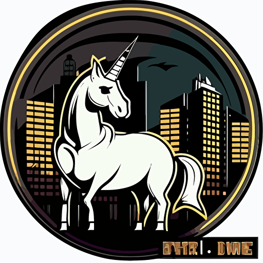 unicorn working as a bouncer in front of a night club in the bad part of city, vector logo, vector art, emblem, simple cartoon, 2d, no text, white background