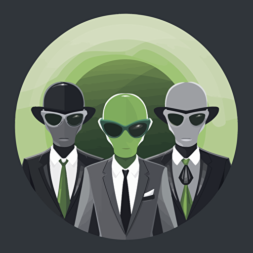 a vector, black, green, grey, simple logo showing three government agents with suites and sun glasses in front of a large alien spaceship, no background