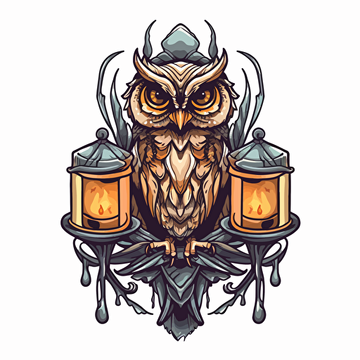 3 eyed symmetrical owl with spread wings perched on top of a stylistic candle lantern. Vector image. Drawing.
