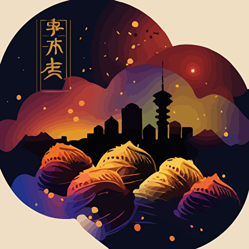 colorful vector art, chinese dumplings, background is a silhouette of taipei 01 with galaxy, galaxy vector art