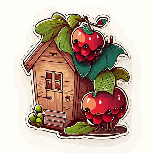 two cranberry fruits merging into a wooden house with flat roof, Sticker, Adorable, Cool Colors, Disney, Contour, Vector, White Background, Detailed