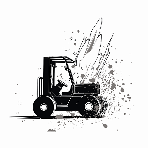 black and white image of a forklift with splash of dust showing it in action, colored cartoon style, flat design vector, white background, ar 1:1
