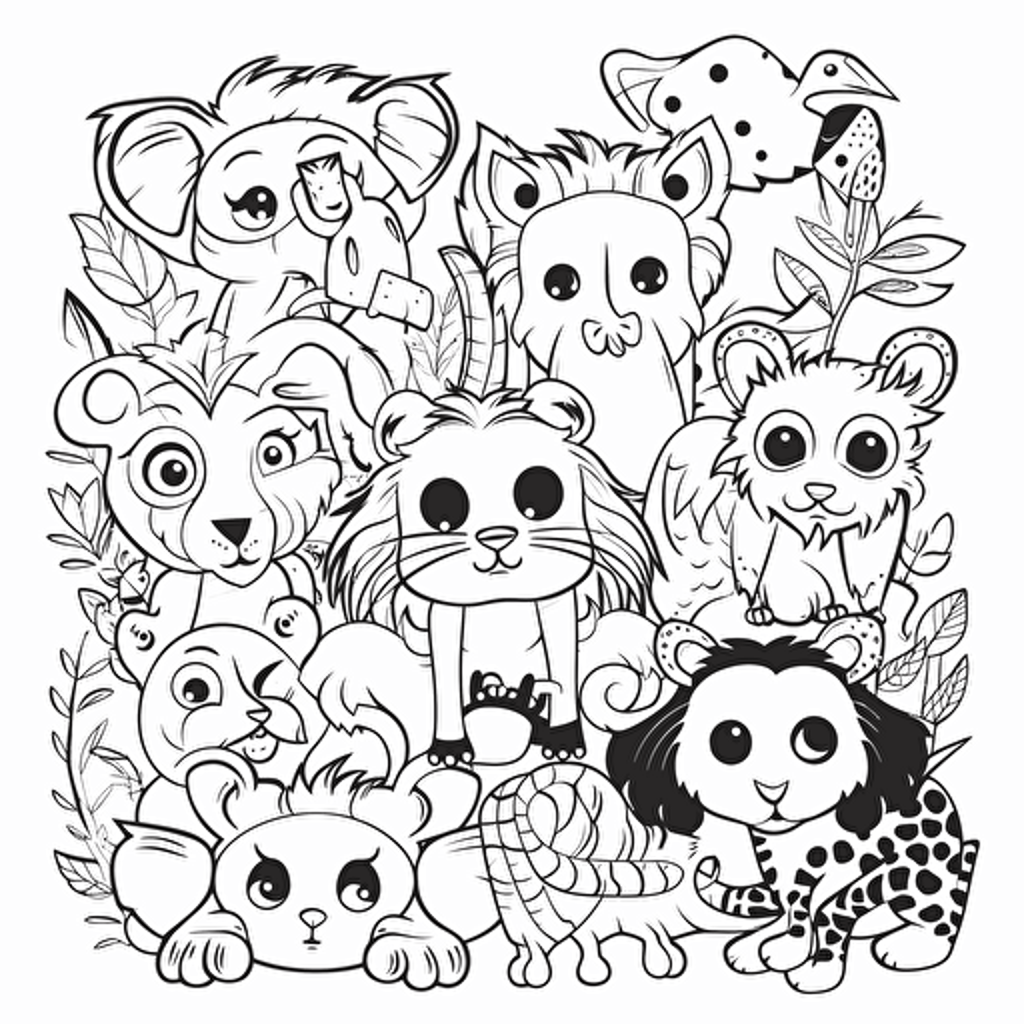Jungle animals, such as tigers, monkeys, and parrots, big cute eyes, pixar style, simple outline and shapes, coloring page black and white comic book flat vector, white background
