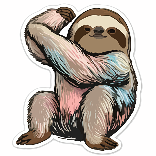 sticker, sloth spreading his paws, hugs, colors: beige, blue, brown, pink, pastel colors, on a white background, vector