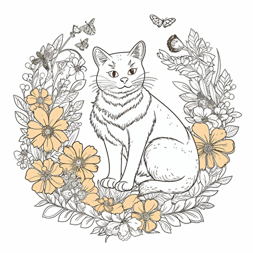 vector image for a coloring page of a cat playing with flowers
