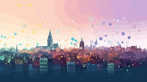 a European city with cryptocurrency tokens rising into the sky, vector, gradient, lower poly