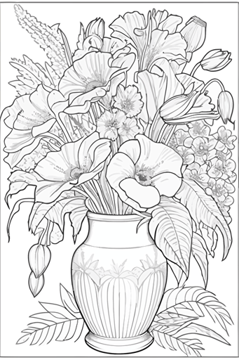 flat vector pdf image, coloring page, flower bouquet::1 color, shadow, captions boxes, text::-0.6