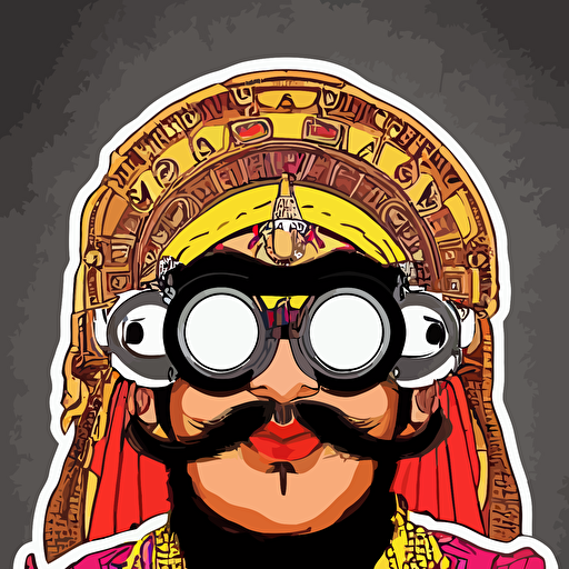 face portrait indian man long neon moustache rajasthani pagdi wearing steampunk goggles jewelry art butcher billy mucha sticker colorful illustration highly detailed simple smooth clean vector curves jagged lines vector art smooth