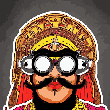 face portrait indian man long neon moustache rajasthani pagdi wearing steampunk goggles jewelry art butcher billy mucha sticker colorful illustration highly detailed simple smooth clean vector curves jagged lines vector art smooth