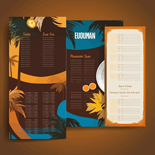one page menu, Restaurant, cuban latin caribbean Food business menu designs, palm tree, [blue, orange, brown, gold color scheme here]::3 modern, clean, design, vector, items, food, RTX