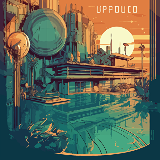 vector, solarpunk, building with a pool
